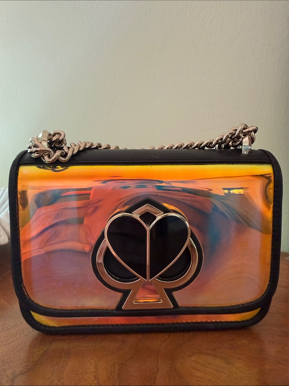 kate spade Nicola iridescent crossbody with black spade logo